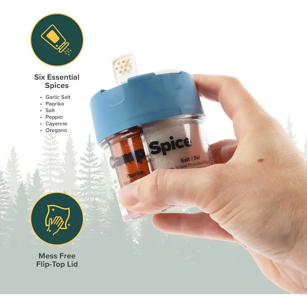 Portable 6-in-1 Seasoning Containers for Camping, Travel, BBQ, and Everyday Cooking - Lightweight, Compact, and American-Made