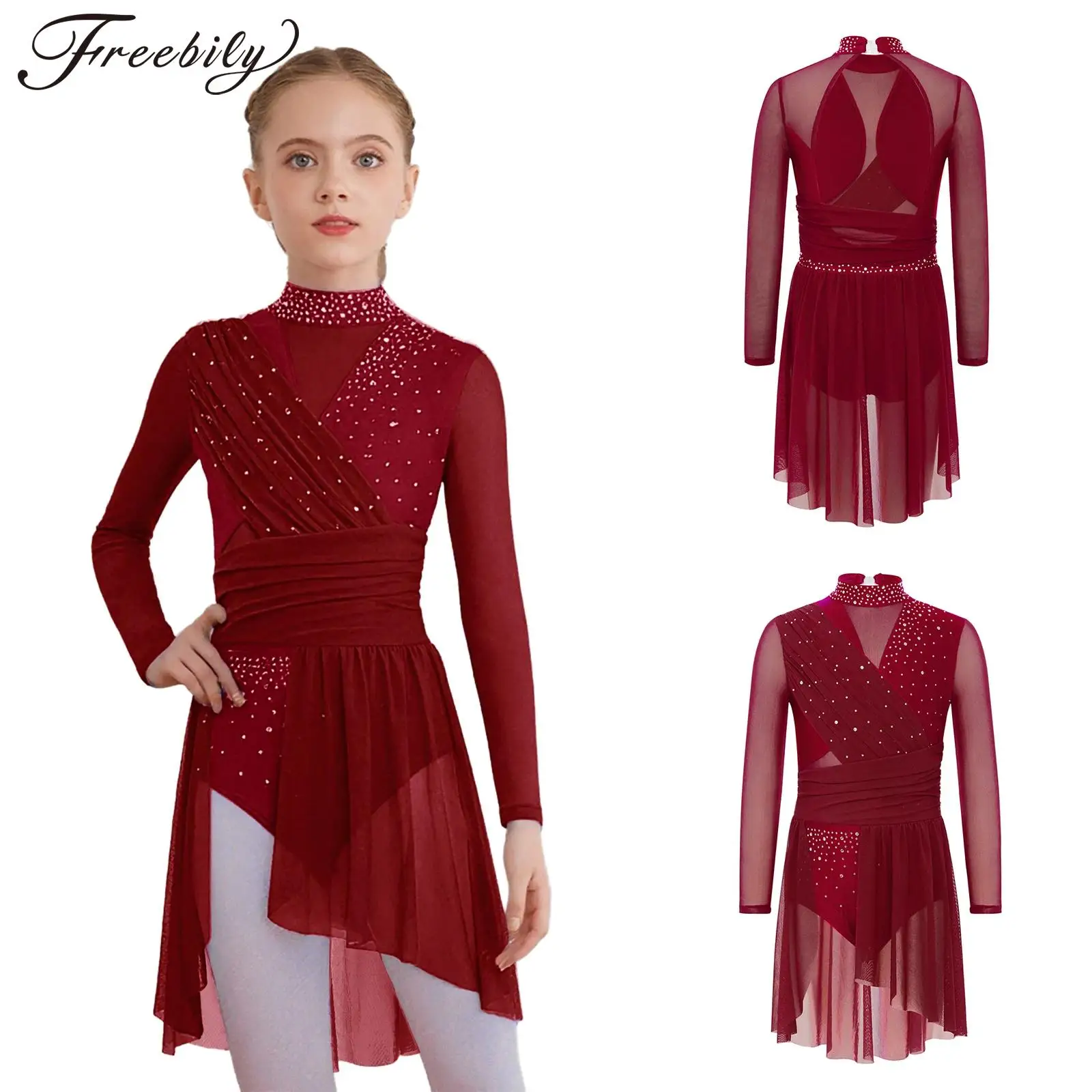 

Children Rhinestones Ice Figure Skating Dress Girls Modern Lyrical Dance Costume Kids Dancewear Sheer Mesh Ballet Leotard Dress