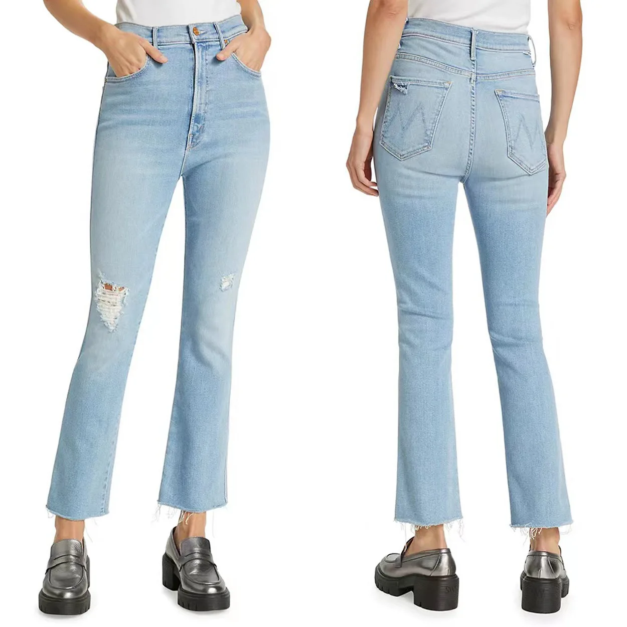 

Denim Pants For Women 2024 New Spring/Summer High Waist Light Blue Ripped Frayed Hem Flared Cropped Jeans Runway Style High