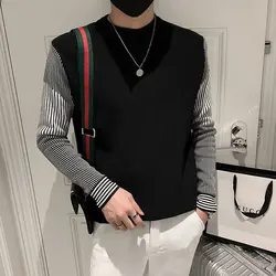 Fashion O-Neck Spliced Striped Fake Two Piece Sweater Men's Clothing 2022 Autumn New Loose Casual Pullovers All-match Tops