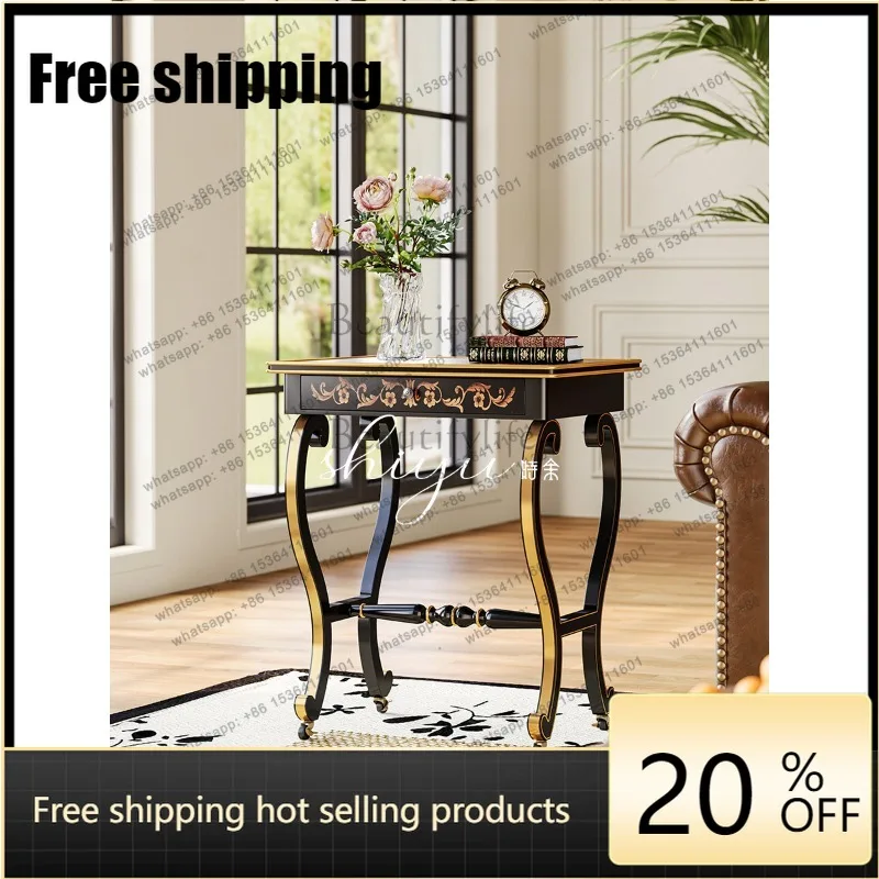 HJ Retro Pure Hand-painted Edge Few Characters Flowers And Birds Solid Wood Living Room Small American Tea Table
