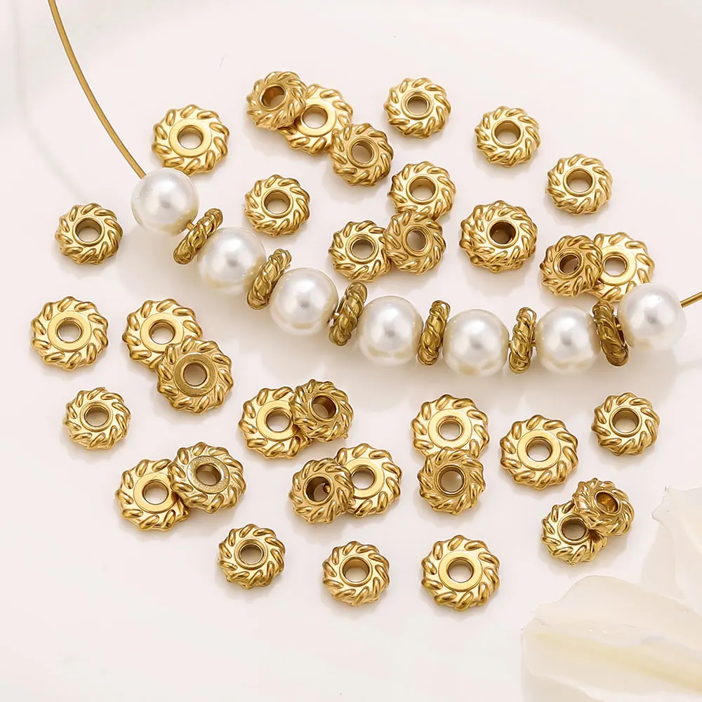 

20PCS Stainless Steel Flat Round Loose Beads PVD Gold Plated Floral Spacer Beads DIY Bracelet Necklace Handmade Jewelry Supplies