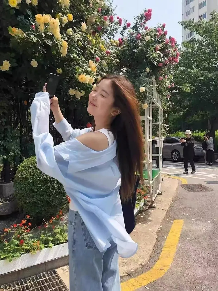 Csa Hoada de Manga Larga a Rayas para Mujer, Estilo Coreano Informal, Protección Solar, Aodón Puro, Estilo para el Tra...