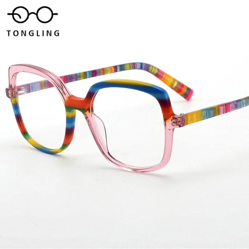 2025 New acetate personalized asymmetrical color women eyeglasses frame, can be paired with optical aging anti-blue lenses