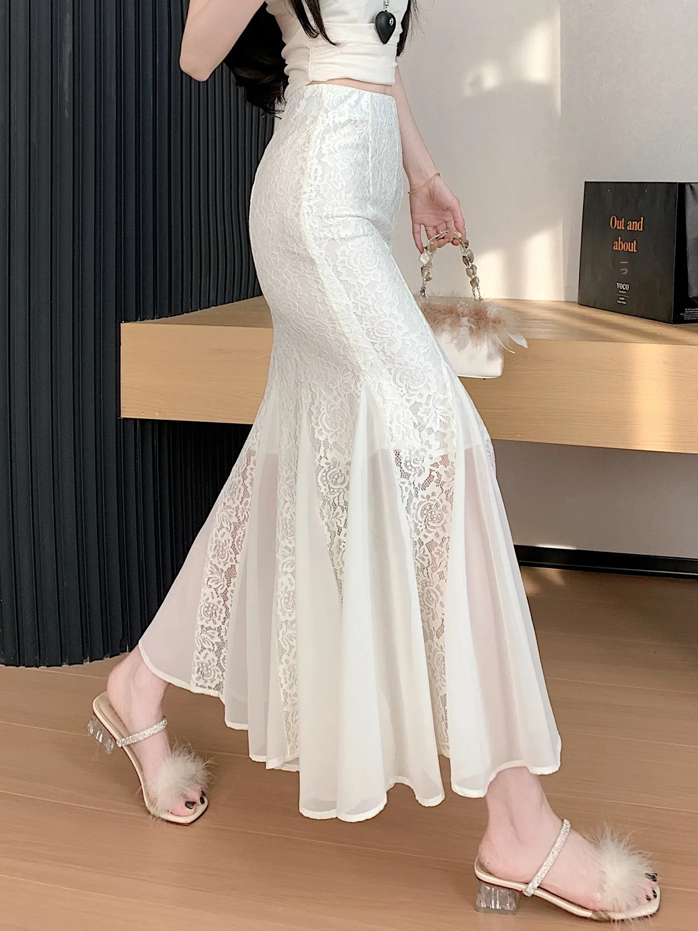 Lace Inner  Skirt Long Women's Spring Summer New Hanging Sense Beige Fish Tail Skirt Half Skirt Super Beautiful Skirt