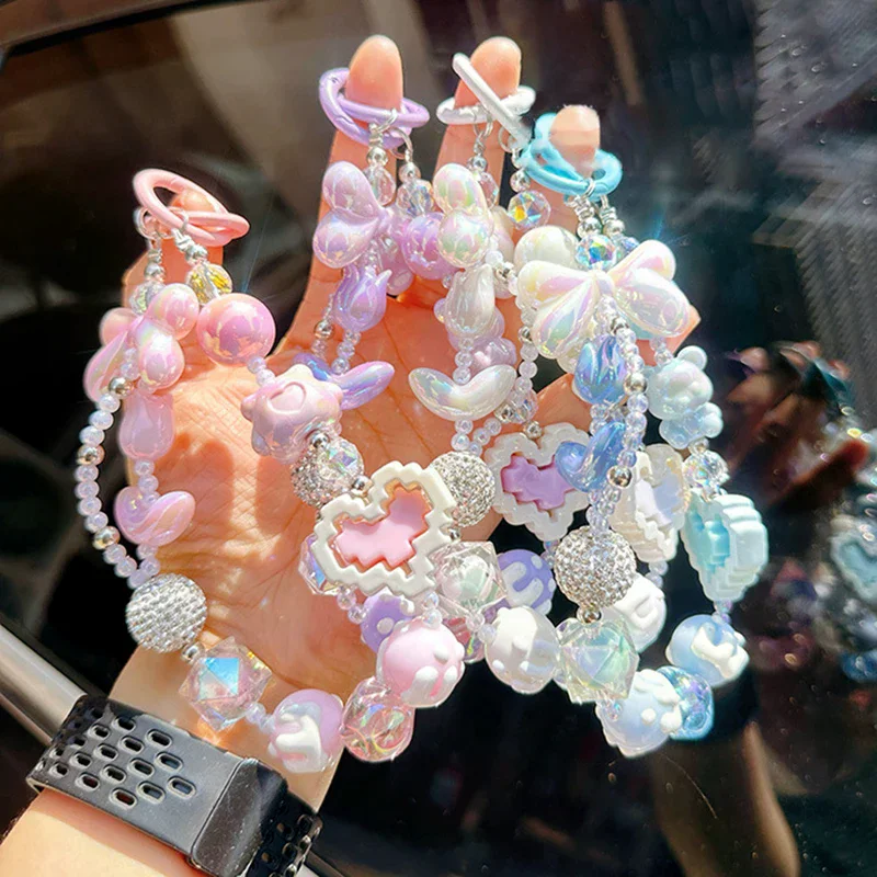 Anti Loss Mobile Phone Strap Wrist Chain Building Blocks Love Bow Beaded Pendant Keychain Bag Hangings Decoration