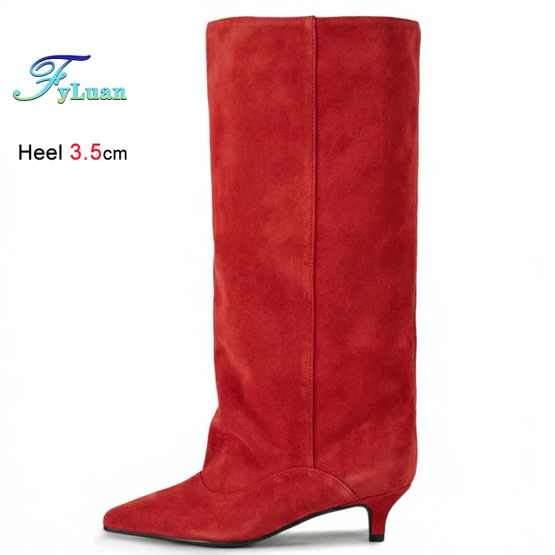 

Модные новые весенне-осенние женские сапоги до колена из красной замши на среднем каблуке 3,5 см, с острым носком, повседневная обувь CD