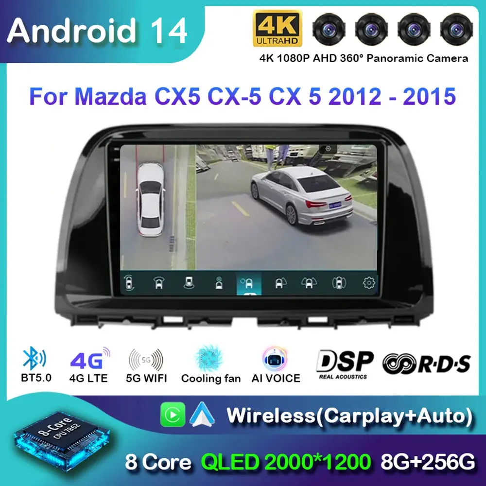 9 inch Android 14 Carplay Auto 2 din Stereo Car Radio Multimedia For Mazda CX5 CX-5 CX 5 2012- 2015 CarPlay GPS WIFI No 2din DVD