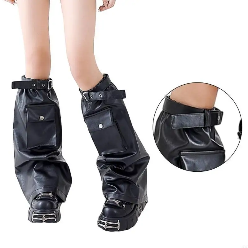 L5YC Black Leg Warmers with Flap Pocket for Women Punk Eyelet Strap Harajuku Faux Leather Boot Covers Long Socks Streetwear