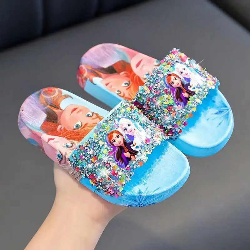 Disney Bling pantofole ragazze bagni Cartoon Frozen Princess Elsa sandali Summer Beach scarpe da pavimento per la casa dei bambini regali per bambini