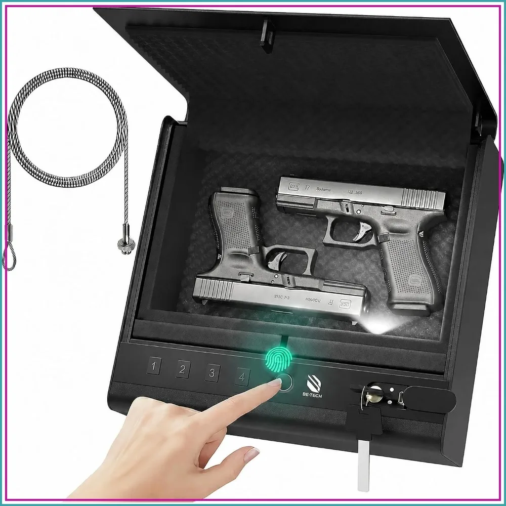 

Biometric Gun Safe for Handgun, 3-Way Quick Access Fingerprint Pistol Safe, High Tensile Alloy Steel Gun Lock Box with Cable Sponge for Home Bedside Drawer Car