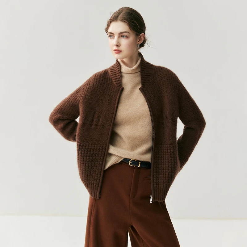 

Роскошный женский свитер из 100% кашемира с воротником-стойкой на молнии, осенне-зимний кардиган с длинным рукавом, теплый вязаный свитер-пальто из кашемира