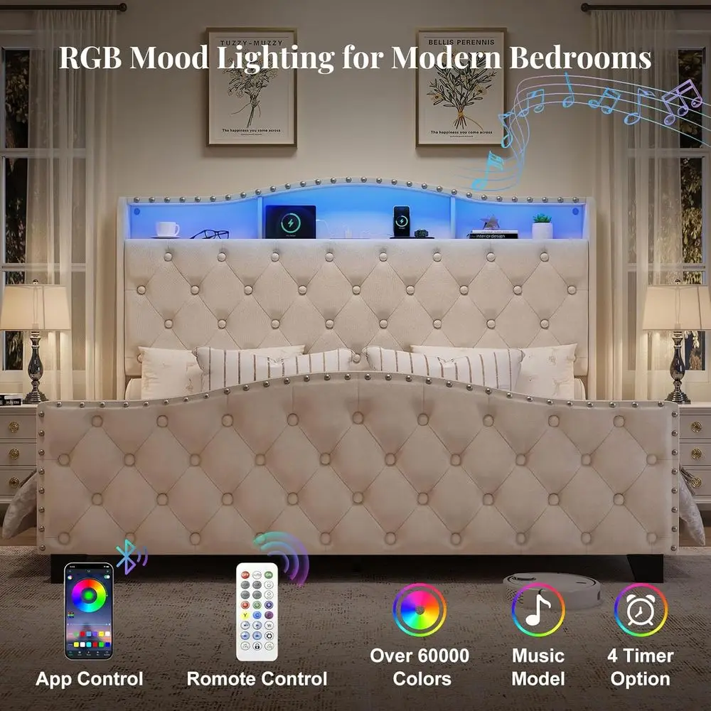 Beżowa aksamitna ramka łóżka typu wingback o rozmiarze queen z oświetleniem LED, schowkiem i stacją ładującą