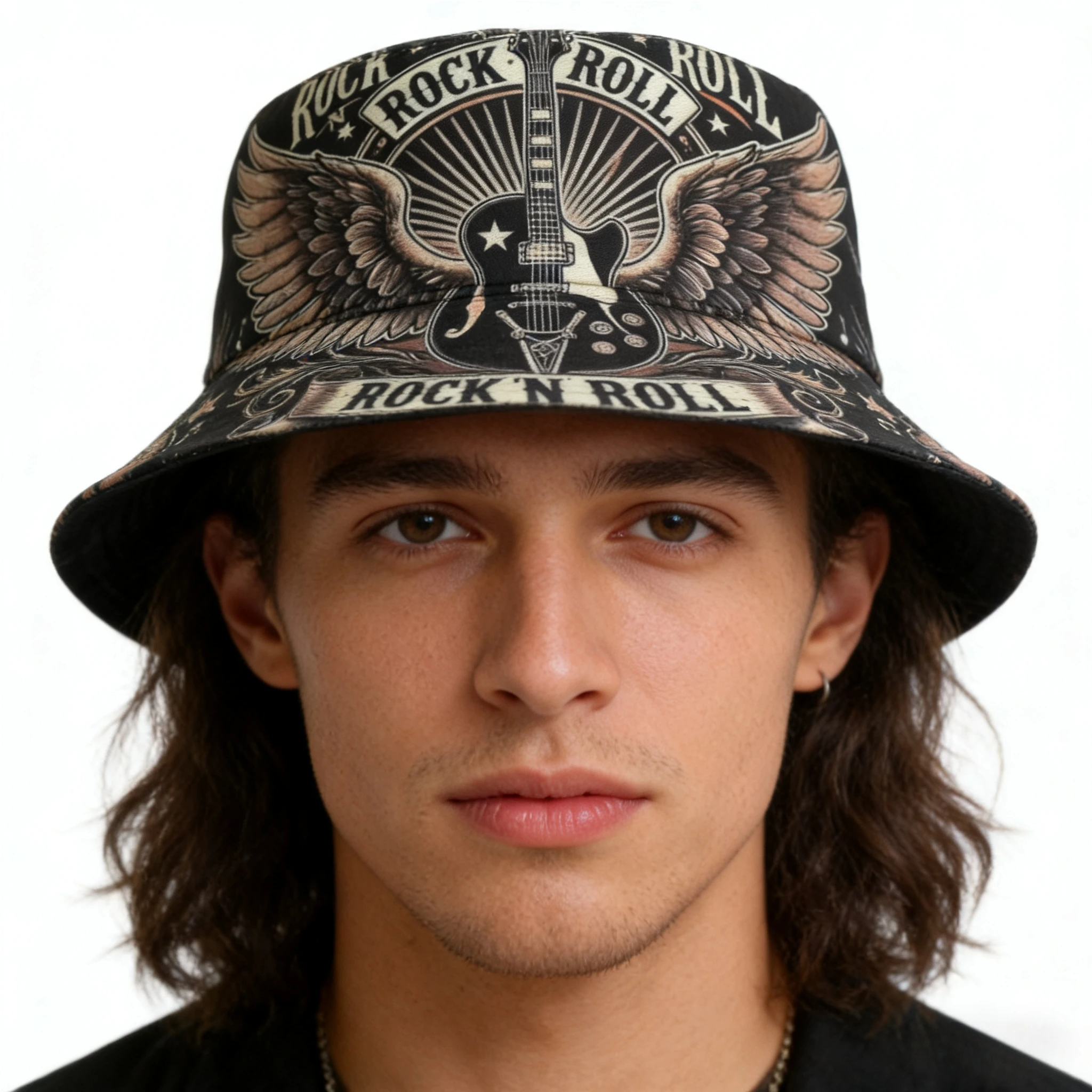 Image of Neuer Rock'n'Roll Bucket Hat mit Gitarren-Print, Fischerhüte mit Musikmuster, Panama-Kappe im Location-Design, Outdoor-Sonnenhüte für die Straße