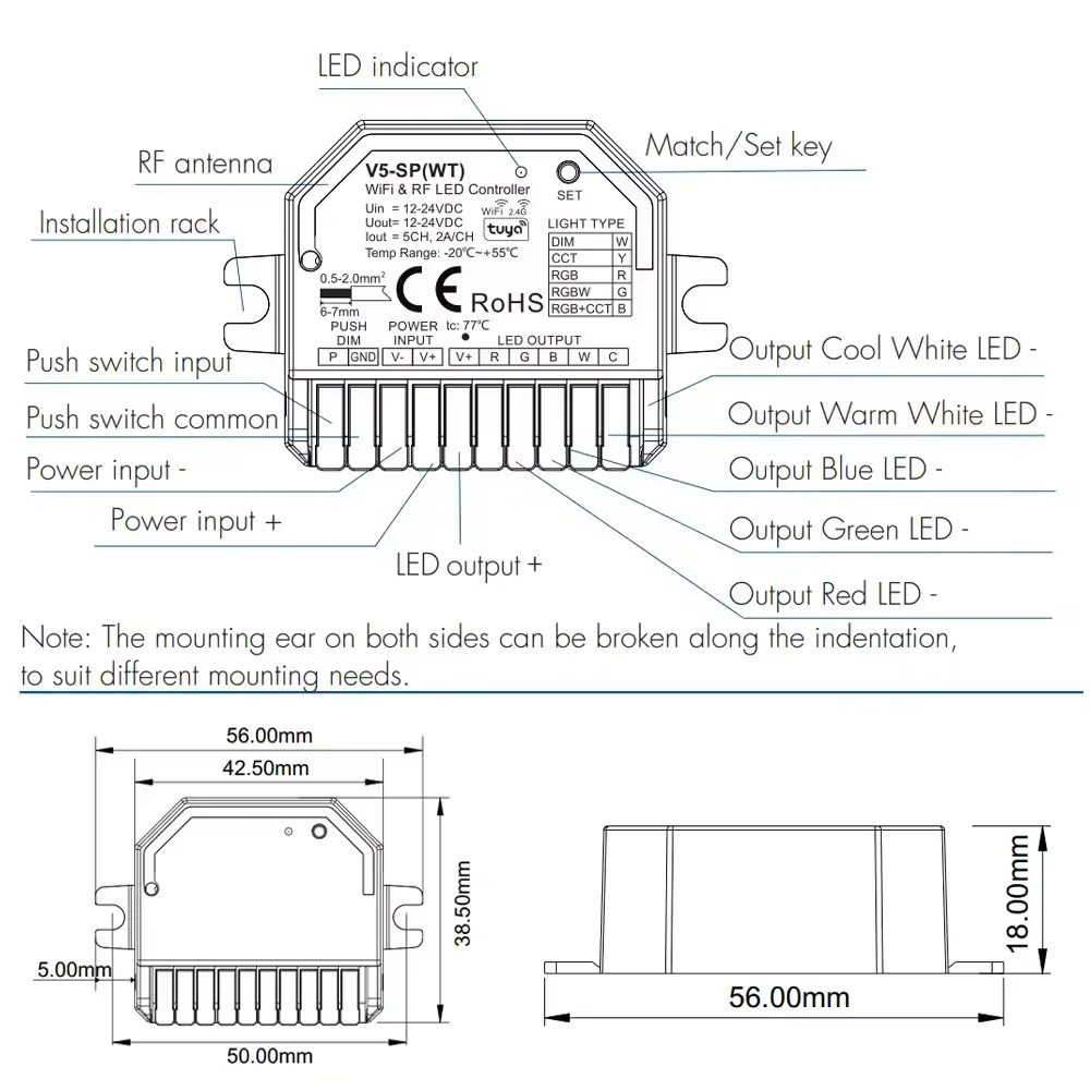 

Мини-светодиодный контроллер Tuya WIFI, модуль DC12V-24V 5CH * 2A 5050 COB 2835 5 в 1, диммер для светодиодной ленты, сенсорный переключатель, приложение Tuya Smart Life APP