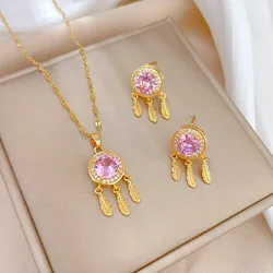 Stylish and Charming Micro-paved Pink Necklace and Earrings Set, Classic and Personalized Tassel Stainless Steel