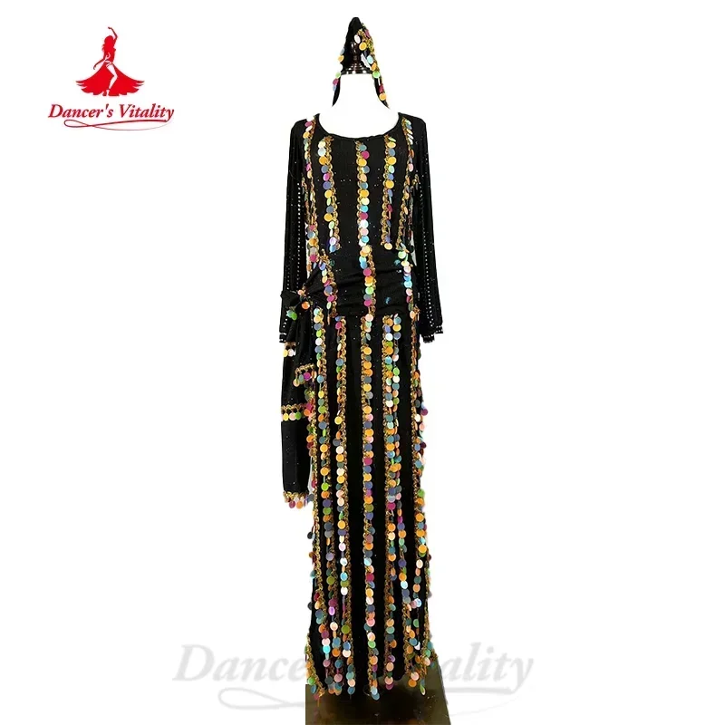 Costume di danza del ventre per le donne abito di paillettes di colore personalizzato + foulard + sciarpa all'anca 3 pezzi abbigliamento da prestazione di danza del ventre orientale