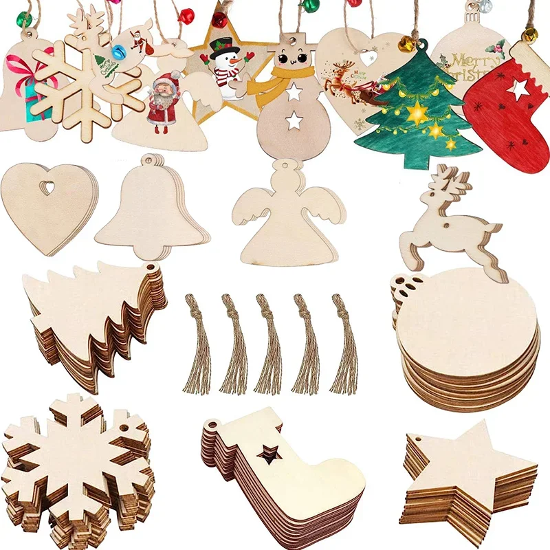 10Pcs Wooden Christmas Ornaments Unfinished Wood Slices with Holes Wooden Blanks Pendants for Kid DIY Craft Christmas Tree Decor