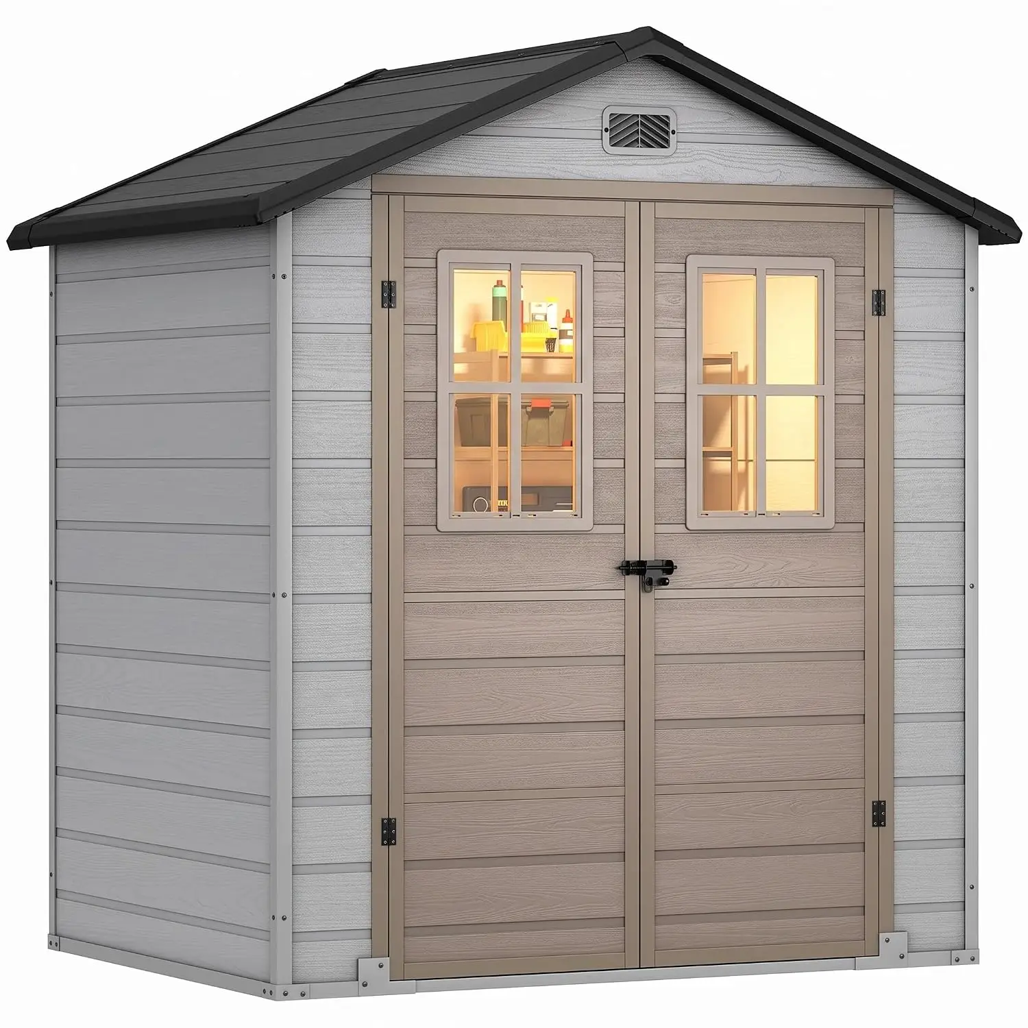 6x4.4 FT Outdoor Storage Shed Plastic Tool Shed 2 Windows Double-Wall Lawn Mower Backyard Patio Lockable Greige&Gray, Customized