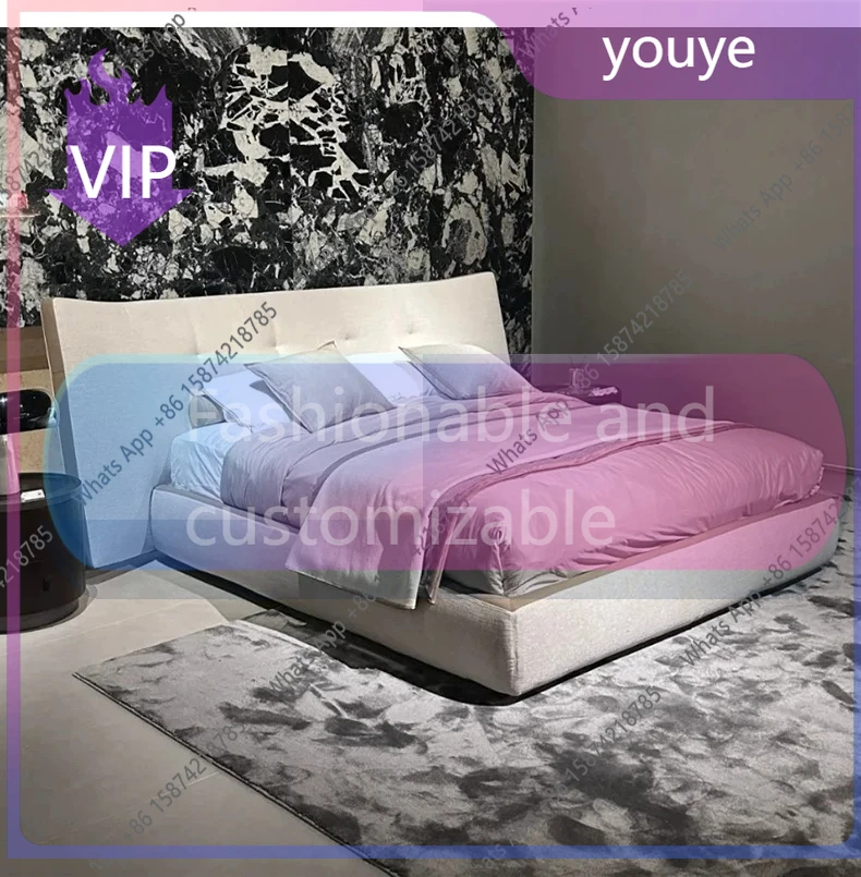 n-J Bed: Italian Designer Villa Master Bedroom Wide Screen 1.8 Meters 1.5 Meters Double Fabric Bed Minimalist Italian Minimalist