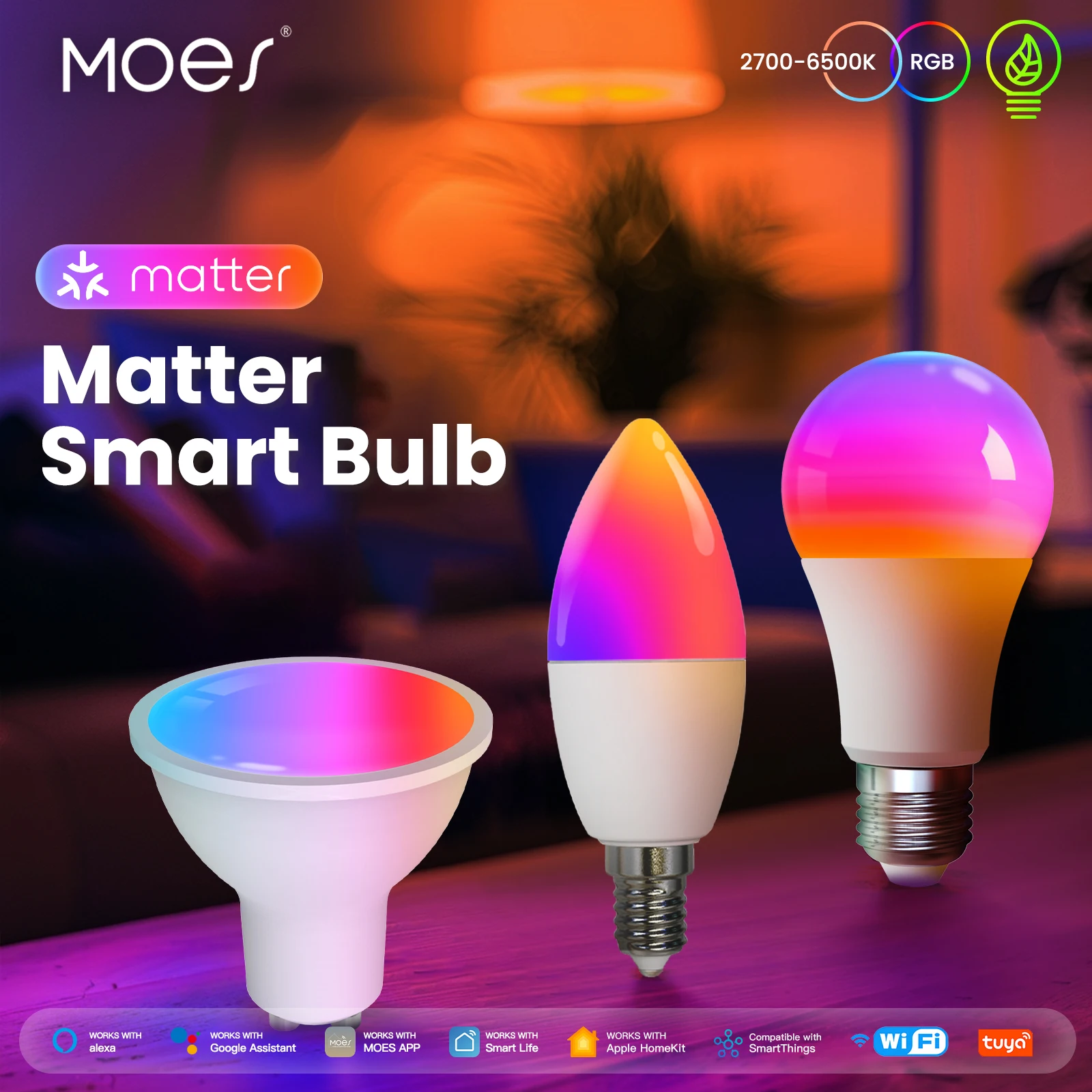 MOES  Matter WiFi GU10 Tuya Smart Bulb Dimmable Led Light 16 Million RGB C+W Colors Candle Lamp Voice Control Alexa Google Home