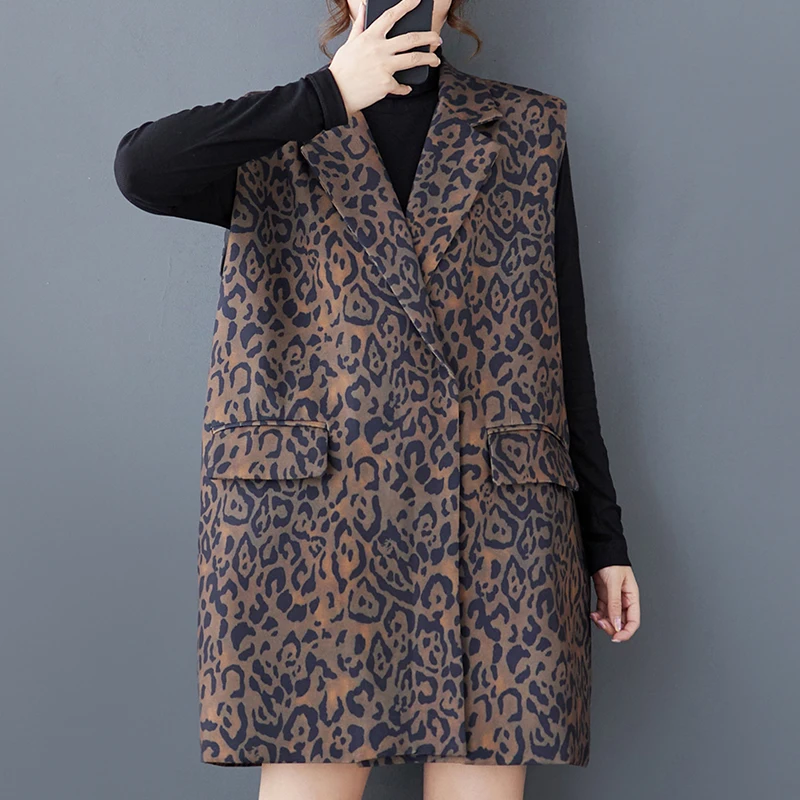 Loose Fit Leopard Print  Sleeveless Vest Mid-Length Fashionable Hong Kong Style Spring Autumn Women's Outerwear