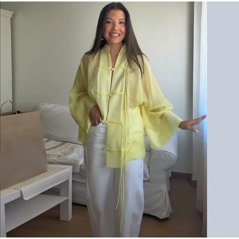 Elegant Chinese Style Frog Button Blouse Sheer Wide Sleeve Loose Fit 2026 Summer Office Casual Chic Breathable Wear Women Top