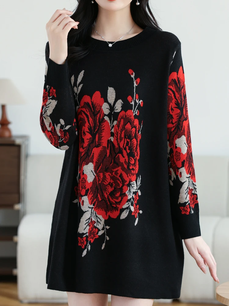 

Floral print Sweater Dress Woman Autumn Winter Pullover Femme Women Clothing Long Sleeve Top Casual Long Knitwear Sweaters