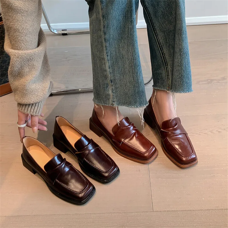 2023 New Autumn Genuine Leather Loafers Square Toe Chunky Heels Winter Women Pumps Shoes for Women Zaptos De Mujer Brown Shoes