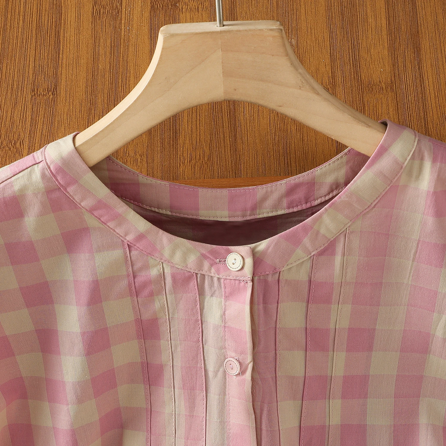 Pure Cotton Plaid Pleated Loose Short T-Shirt Sweater Thin High Quality Women's Shirt Regular Thickness Short Sleeve  Color
