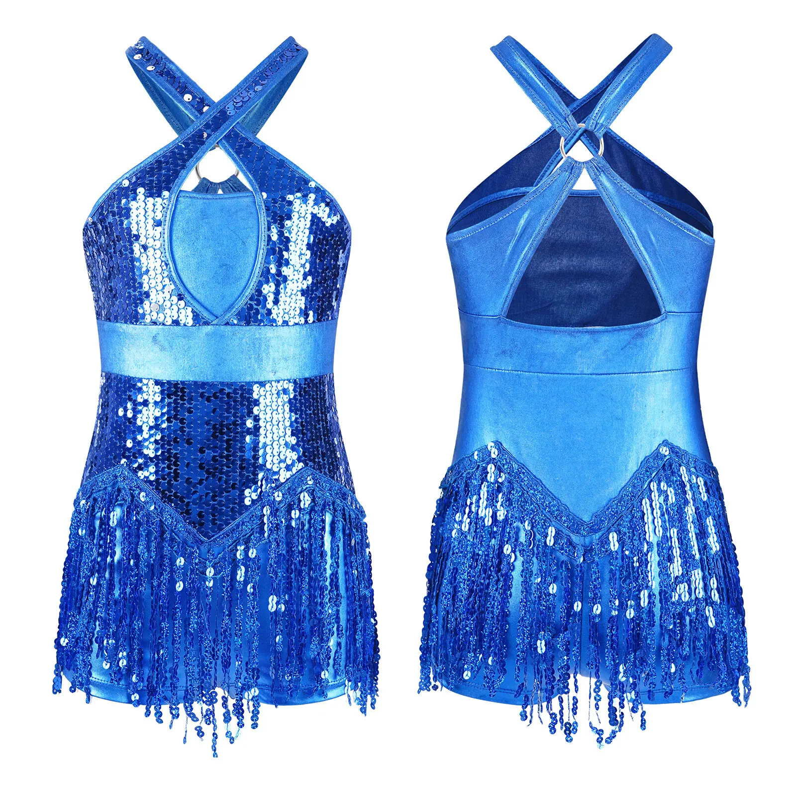 

Kids Girls Fringed Latin Dance Leotard Dress Sparkly Sequins Tassel Bodysuit Cha-Cha Jazz Dance Performance Costume Dancewear