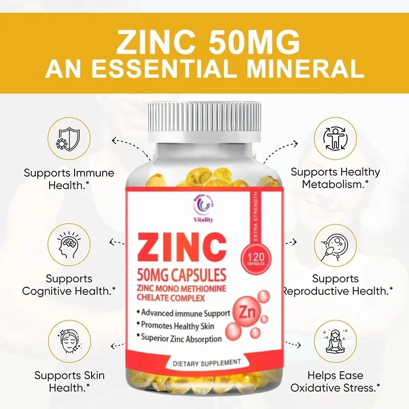 Vitality Zinc 50mg Capsules for Supports Cellular Energy Production and Collagen Formation, Immune System Support