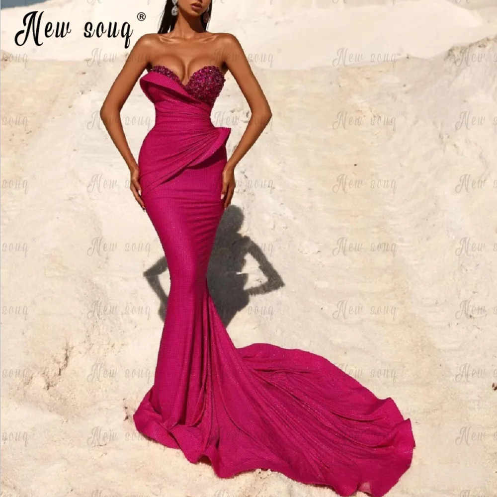 Abito da sera rosa caldo arabo Sweetheart Mermaid abiti da ballo formali con lungo treno 2023 eleganti abiti personalizzati con perline