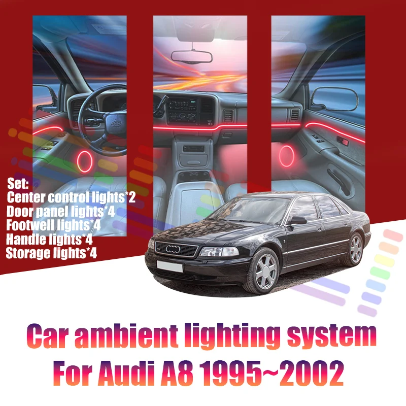 Luces LED Ambientales para Audi A8 1995~2002 D2, Luces de Atmósfera Coloridas, Tira de Neón Interior para Auto, Iluminación RGB de 64 Colores, Accesorios para Auto
