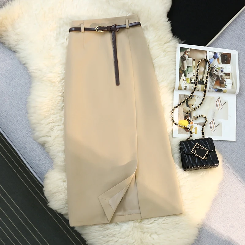 Solid Color Front Split Women's Skirts 2024 Spring Summer New High Waist Vintage Office A-line Mid Skirts Female