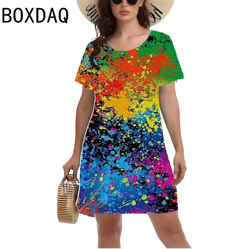 Damska sukienka na co dzień kolorowa 3D Tie-dye gradientowa drukowana Mini sukienka letnia krótka O-Nexk linia Mini sukienka Vestidos