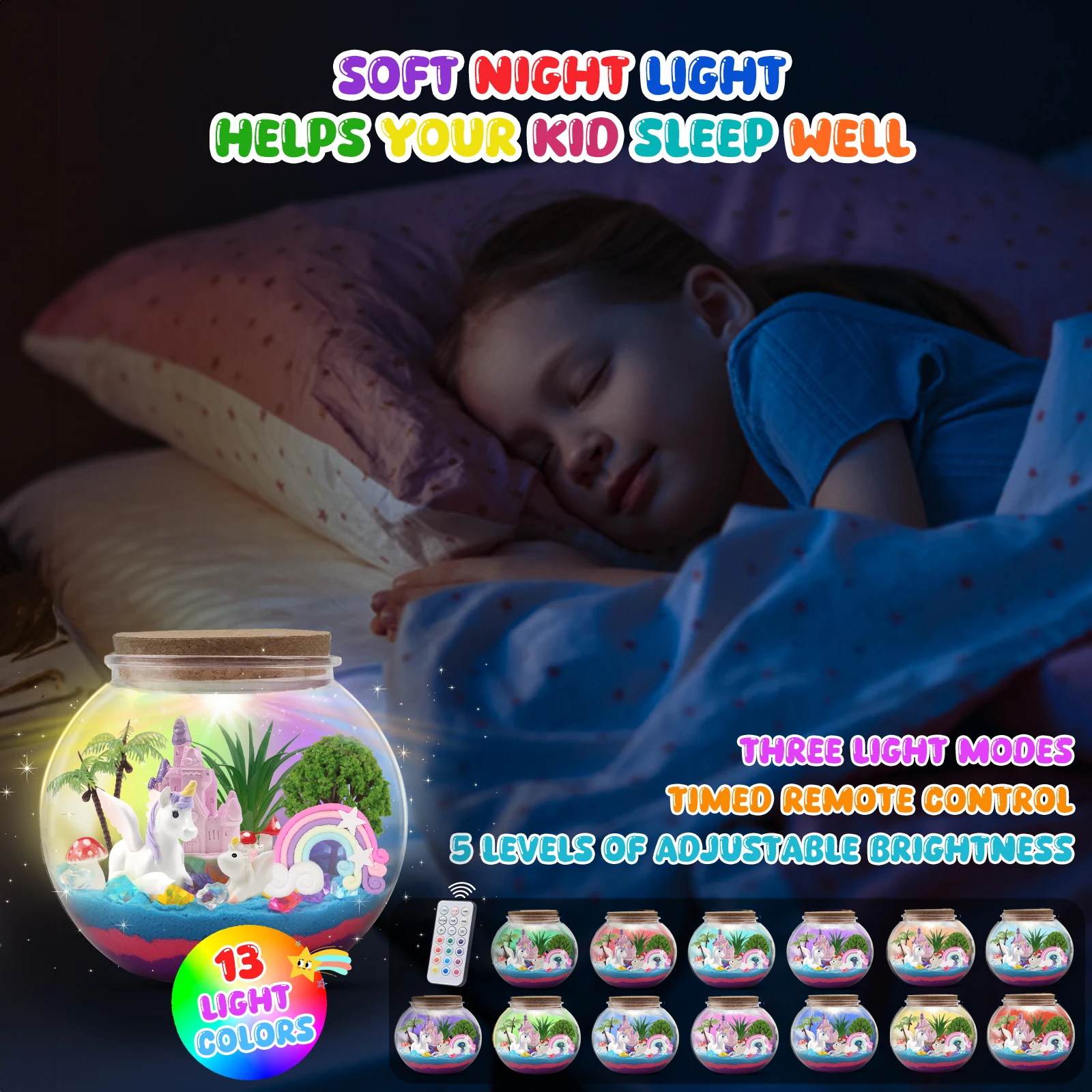 Einhorn-DIY-Bastel-Terrarium-Set, LED-Nachtlicht, Geburtstag, Weihnachten, Geschenk für Mädchen ab 5 Jahren, Bastelsets für Kinder und Mädchen