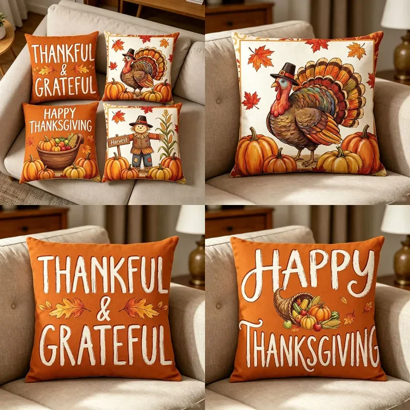 Thanksgiving Turkey Pillow Cover Scarecrow Printed Letter Cushion Sofa Living Room Home Bed Cushion