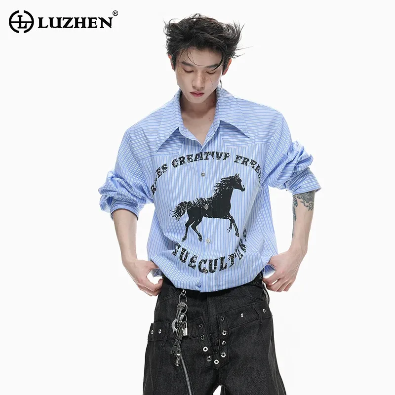 

LUZHEN 2026 Весенняя новинка: Мужская модная рубашка с длинным рукавом и полосатым принтом, элегантная, стильная, свободного кроя, повседневная одежда JY6333