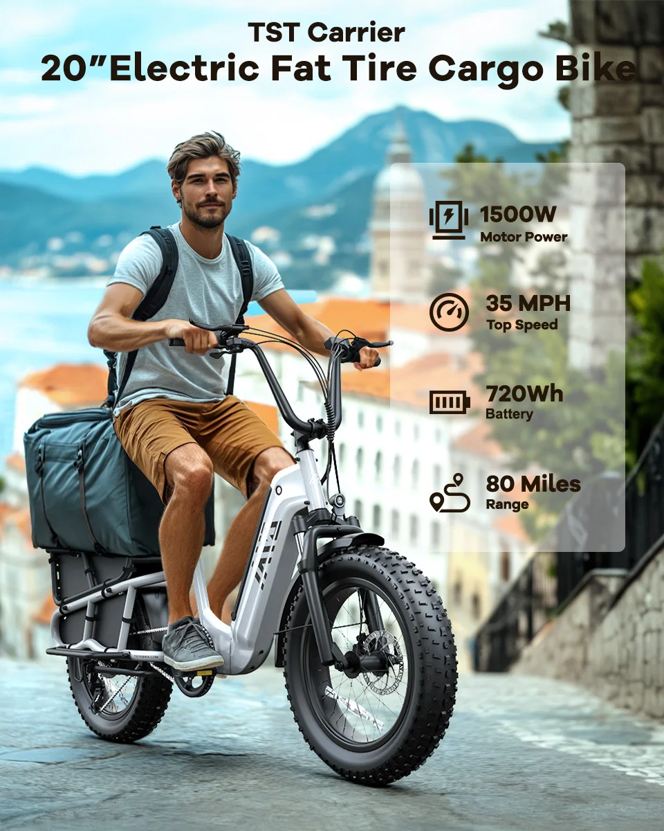 48V 750W Family Cargo E-Bike, Long Tail & Front Box, Pet/Kid Carrier, Camping Ready, Great for Daily Family Use