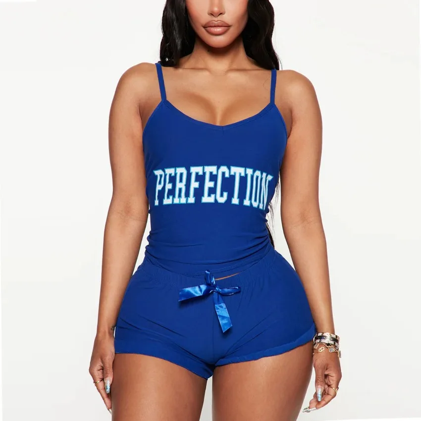 

2025 Summer New Sexy Sleeveless Pajamas for Women's Letter Suspenders Shorts 2PCS Loungewear