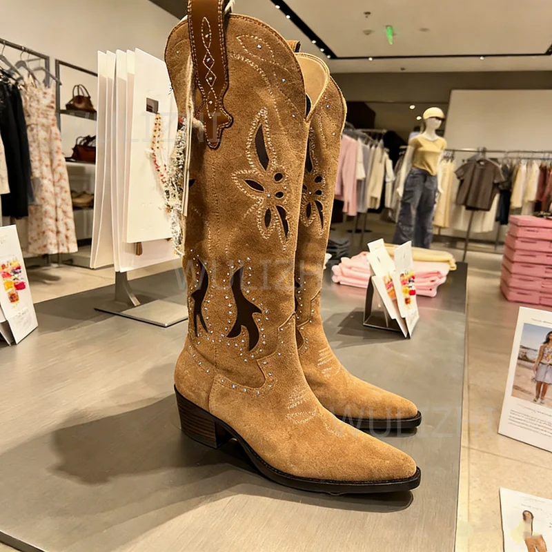 

Brown Vintage Leather Boots Printed Embroidery Patterns Hot Chick Chunky Heel Stiff Straight Patchwork Loose Cool Shoes Girls