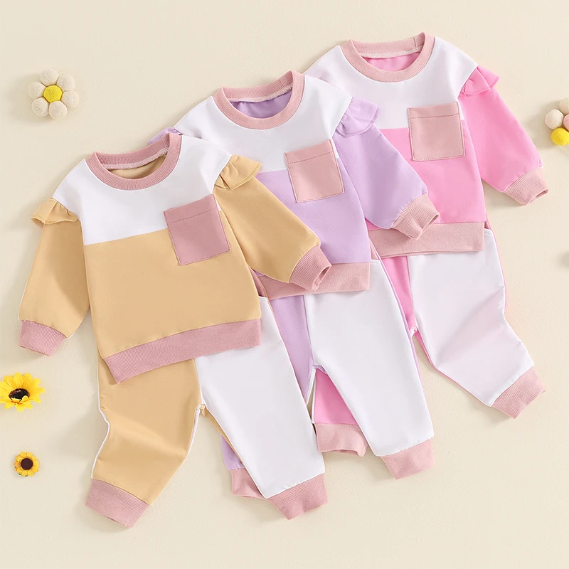 

Baby Girl Fall Outfit Casual Clothes Sets Contrast Color Long Sleeve Pullover Tops Elastic Waist Pants with Pockets 2 Piece Set