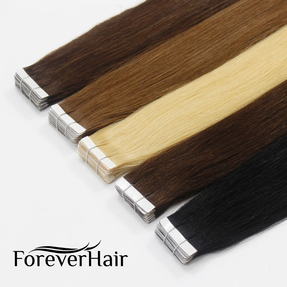 

Лента FOREVER HAIR для наращивания человеческих волос 16 дюймов 18 дюймов 20 дюймов 100% настоящие человеческие волосы Remy на клеях Лента из искусственной кожи с утком Невидимая 20 шт.
