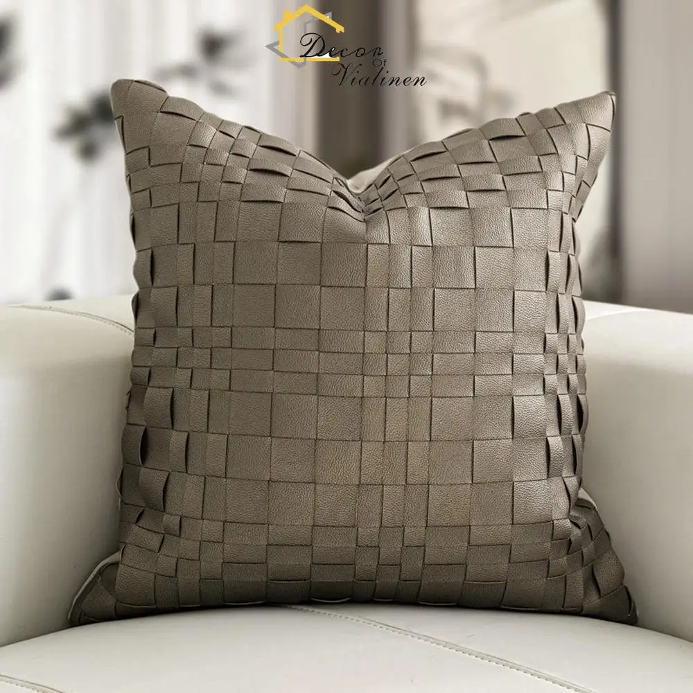 

Modern Light Luxury Model Room Pillow Premium Metallic Grey Coffee Leather Weaving Pillowcase Sofa Cushion Pillow Bag