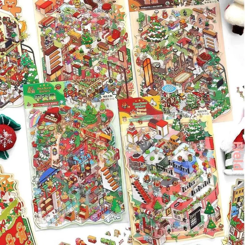 

1/4Pcs Christmas Miniature Diorama Landscape Stickers Cute Cartoon Pocket DIY Scene Decoration Aesthetic Stationery Stickers