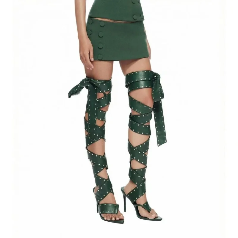 Sexy Rivet Wrap Around Leg Women's Over-the-knee Boots Pointed Toe Punk Style Femme Long Boots High Heel Thong Shoes For Party