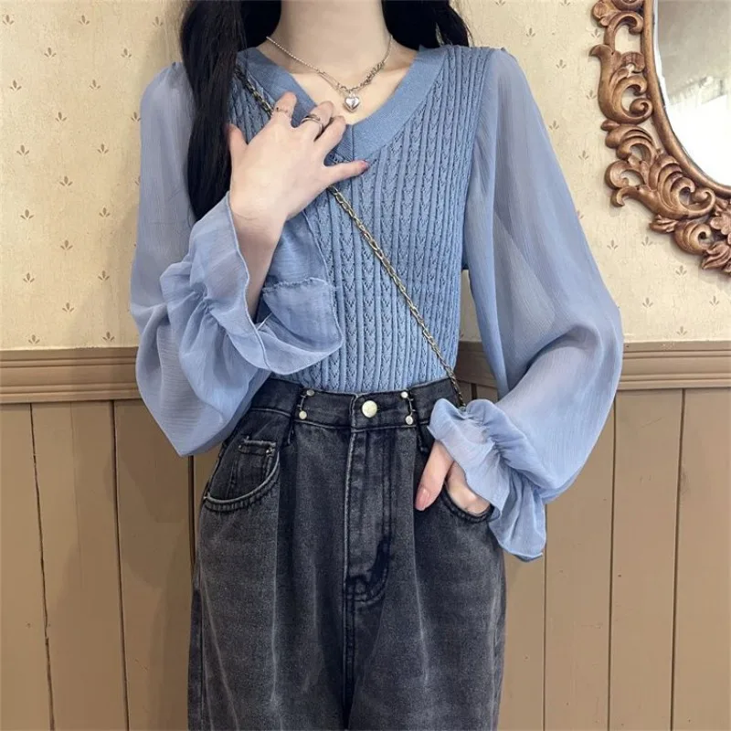 Flare Sleeve Pullovers Women Chic Patchwork Office Ladies Popular Autumn Temperament V-neck Knitwear Clothes Korean Style Gentle