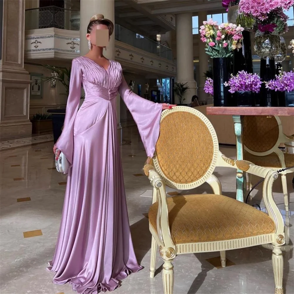 Customized Formal Dress Evening Saudi Arabia V-neck A-line Floor Length Skirts Fold Draped Knot Vertically Bespoke Occasion Dres