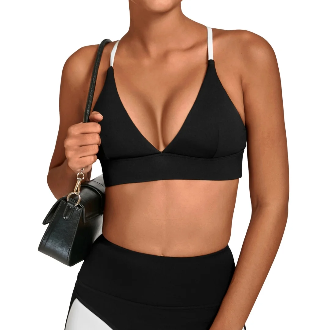 

New Women's Cross Spliced Color Shockproof Yoga Bra Adjustable Shoulder Fitness Vest Dance Outdoor Running Gym Sports Bra
